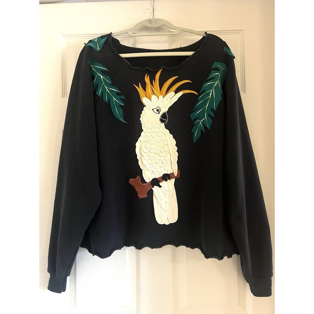 VTG Cockatoo Lagenlook Oversized Sweatshirt L Black 3D Parrot Art to Wear Boho